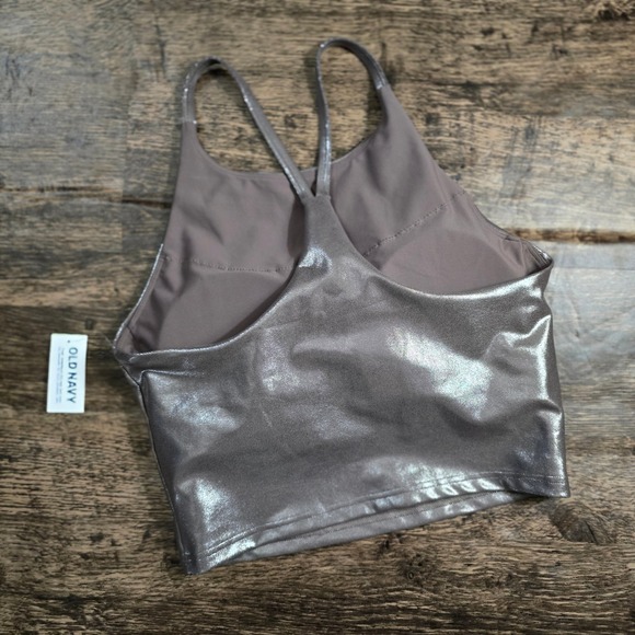 OLD NAVY PowerSoft Sports Bra Womens M Silver NWT Metallic High Neck Longline - Picture 7 of 7
